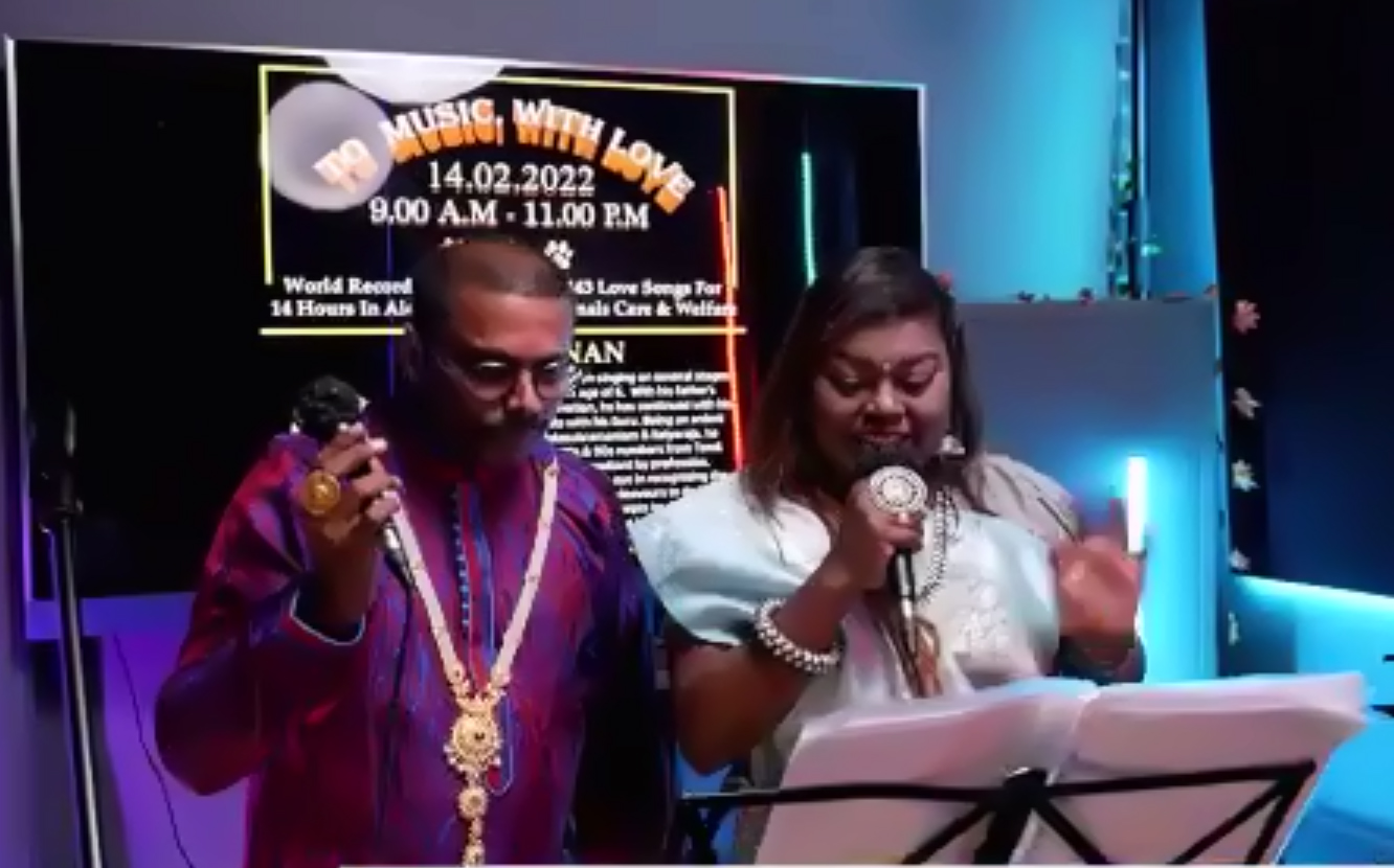 World Record for singing 143 Love songs for  14 hours in aid of domestic animals care & welfare